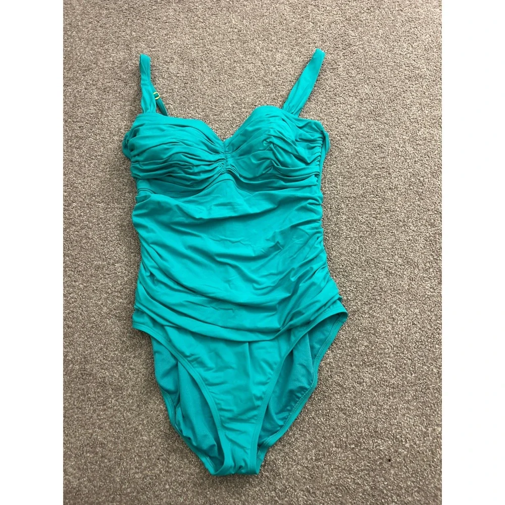 Bleu Rod Beattie One Piece Swimsuit Womens 14 Turquoise Excellent Ruched Front